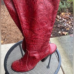 John Fluevog Red Embossed Heeled Boots